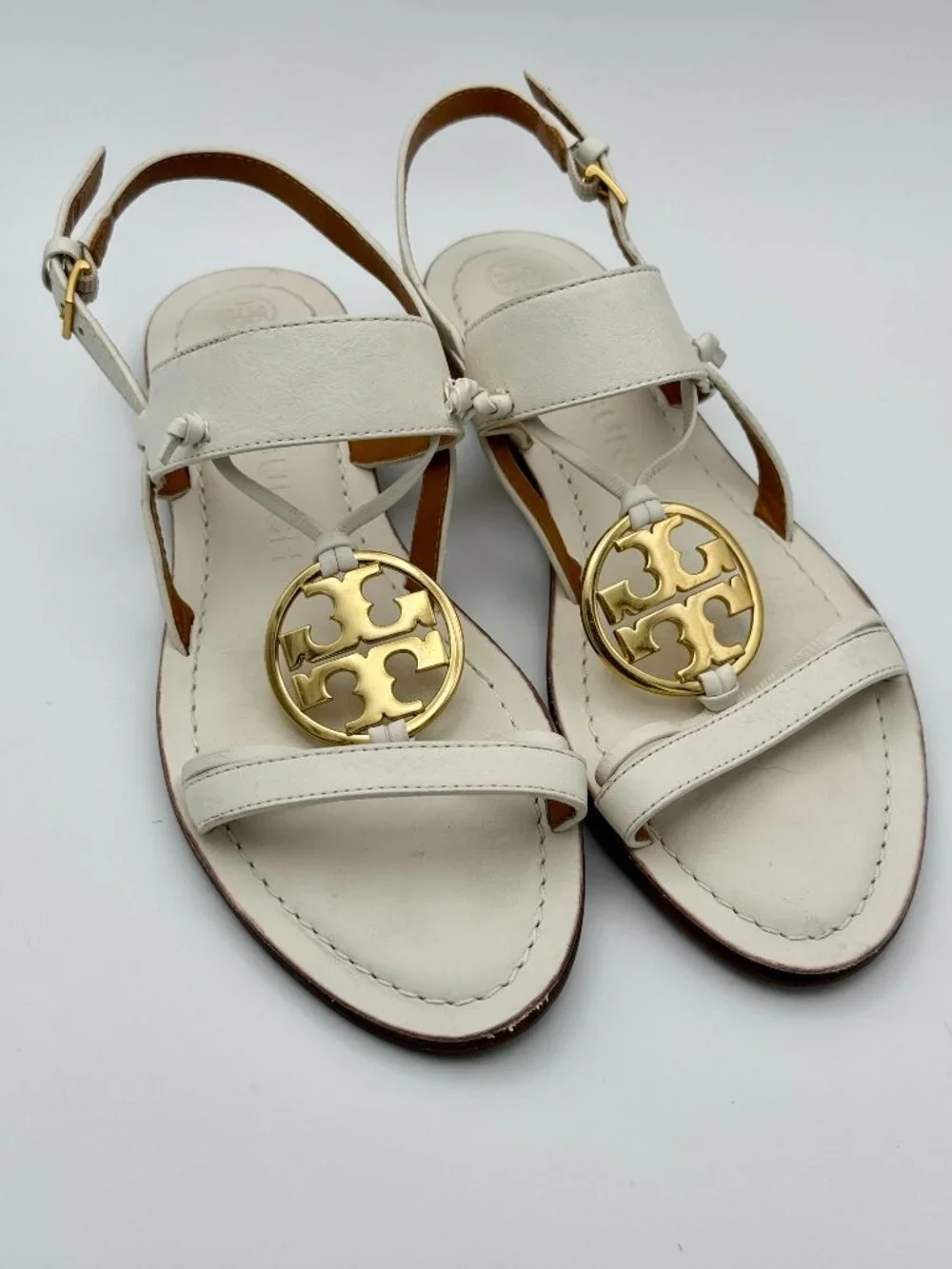 Tory Burch Miller Two-Band Sandals White Leather Gold Logo Size 7 Flat Sandals